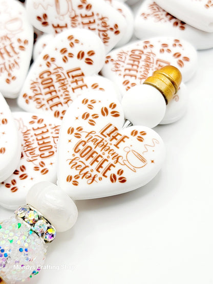 Coffee Lover Heart Focal Bead – “Life Happens, Coffee Helps” Printed Silicone Pen Bead (Set of 2)