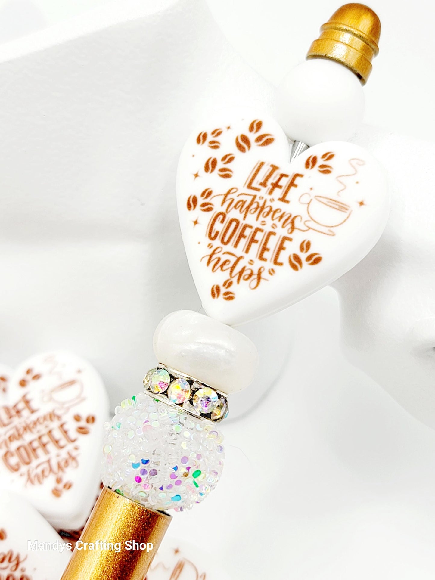 Coffee Lover Heart Focal Bead – “Life Happens, Coffee Helps” Printed Silicone Pen Bead (Set of 2)