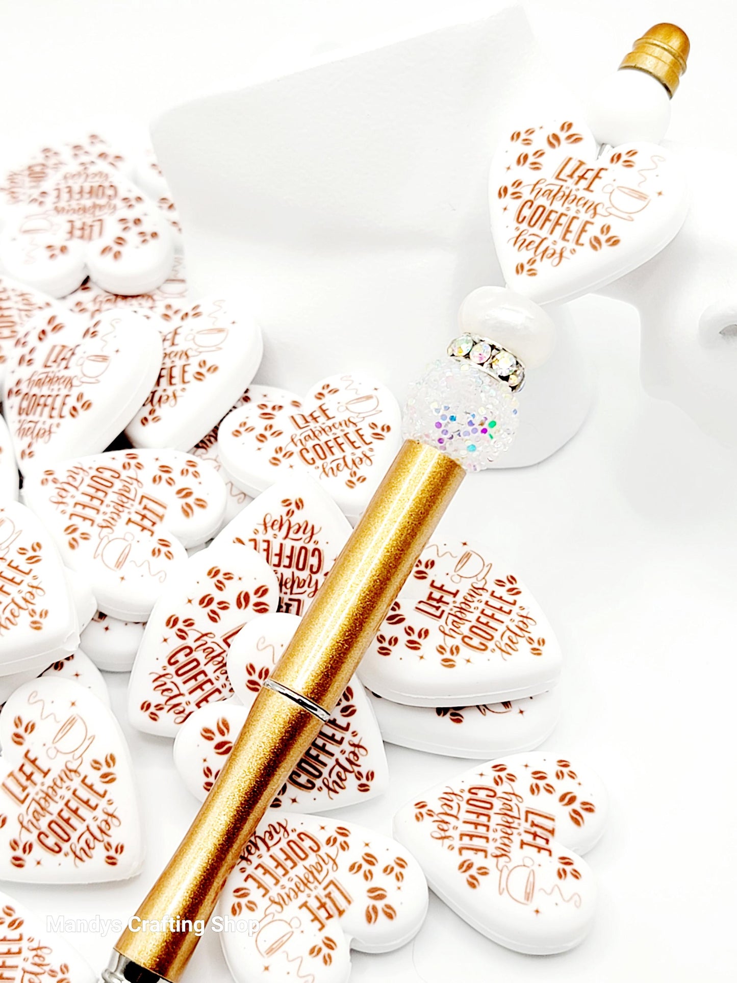 Coffee Lover Heart Focal Bead – “Life Happens, Coffee Helps” Printed Silicone Pen Bead (Set of 2)