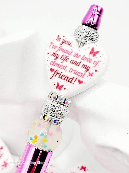 Best Friend Heart Focal Bead – Printed Silicone Pen & Coworker Bead (Set of 2)