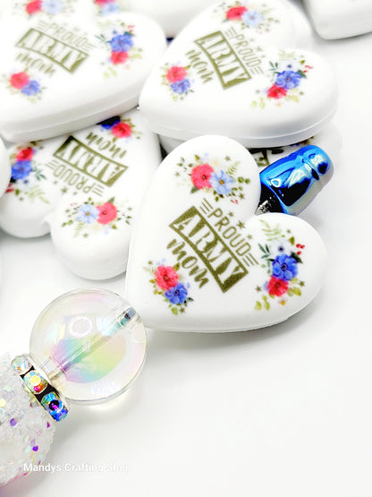 Army Mom Heart Focal Bead – Proud Military Printed Silicone Pen & Wristlet Bead (Set of 2)