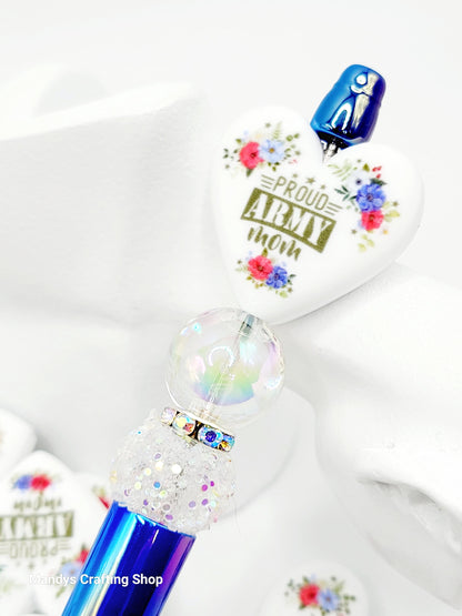 Army Mom Heart Focal Bead – Proud Military Printed Silicone Pen & Wristlet Bead (Set of 2)