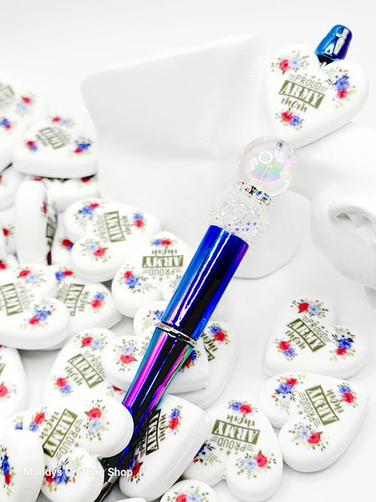 Army Mom Heart Focal Bead – Proud Military Printed Silicone Pen & Wristlet Bead (Set of 2)