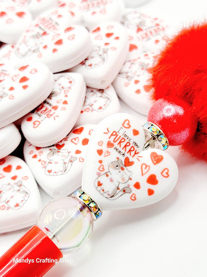 I Love You Purrry Much Cat Valentine Heart Pen Bead – Funny Cat Silicone Focal Bead (Set of 2)