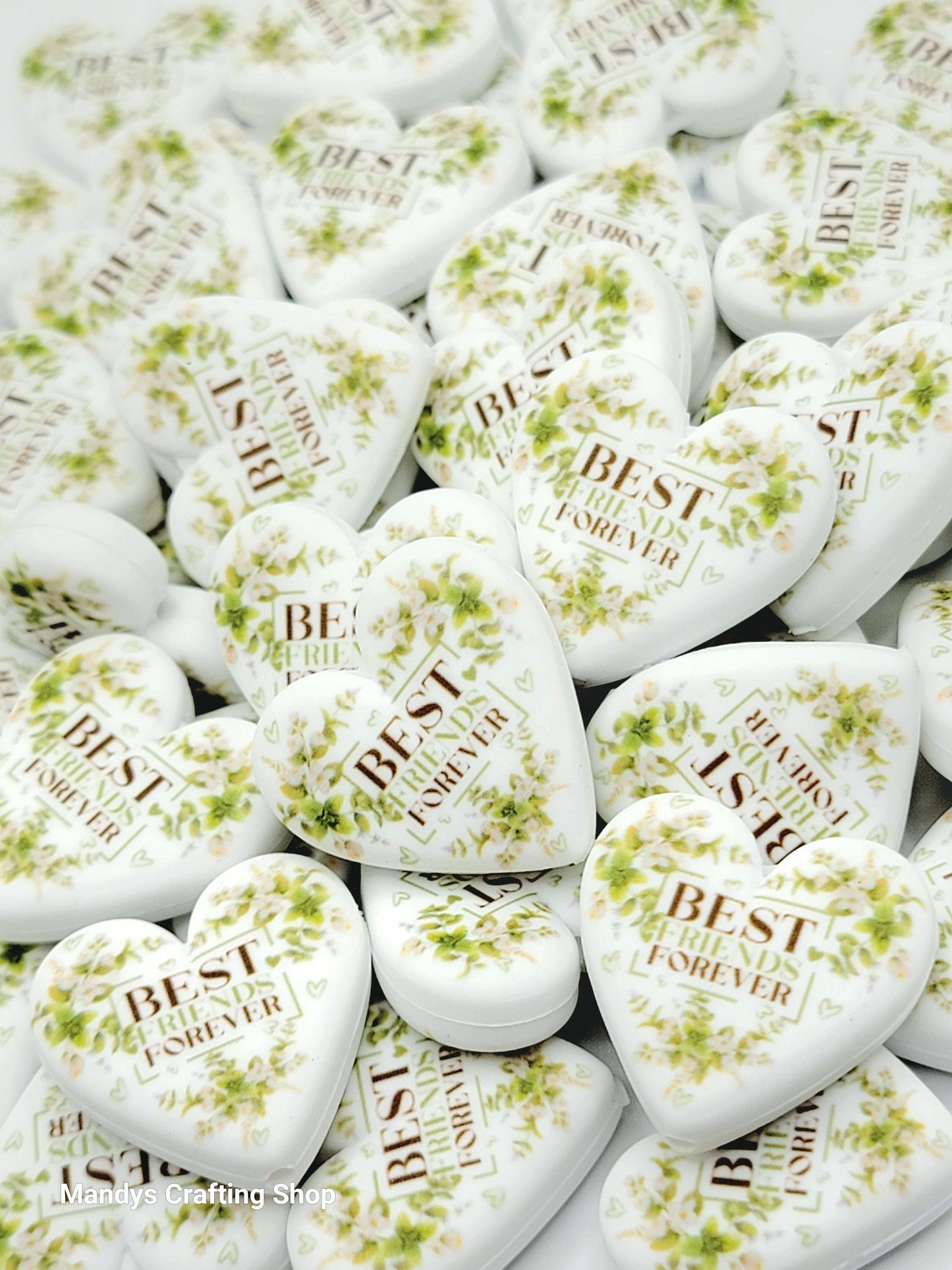Best Friends Forever Green Floral Heart Focal Bead – Printed Silicone Friend Pen Bead (Set of 2)