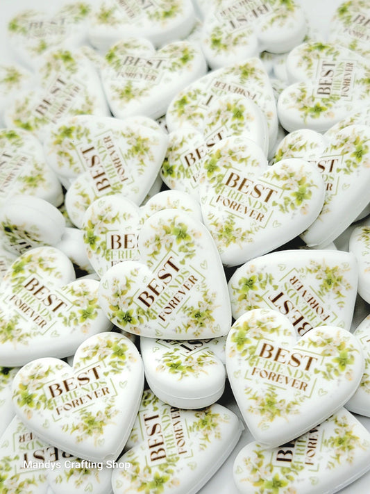 Best Friends Forever Green Floral Heart Focal Bead – Printed Silicone Friend Pen Bead (Set of 2)