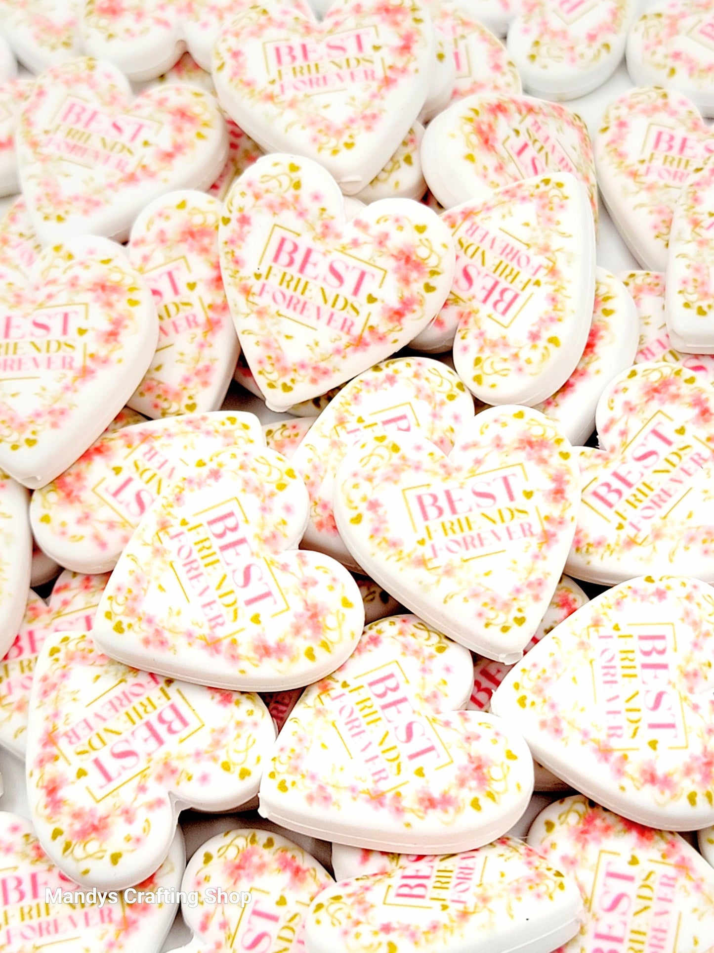 Best Friend Forever Pink Floral Heart Focal Bead – Printed Silicone Friend Pen Bead (Set of 2)