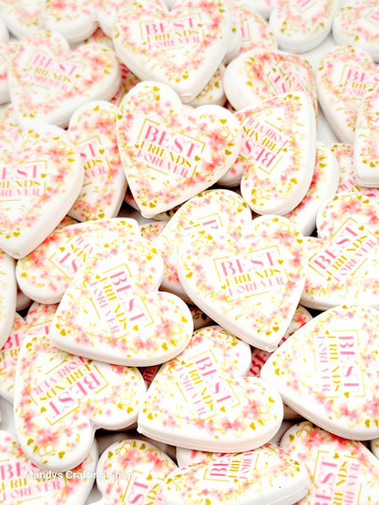 Best Friend Forever Pink Floral Heart Focal Bead – Printed Silicone Friend Pen Bead (Set of 2)