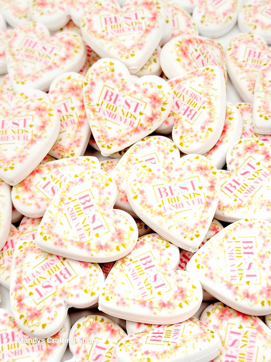 Best Friend Forever Pink Floral Heart Focal Bead – Printed Silicone Friend Pen Bead (Set of 2)