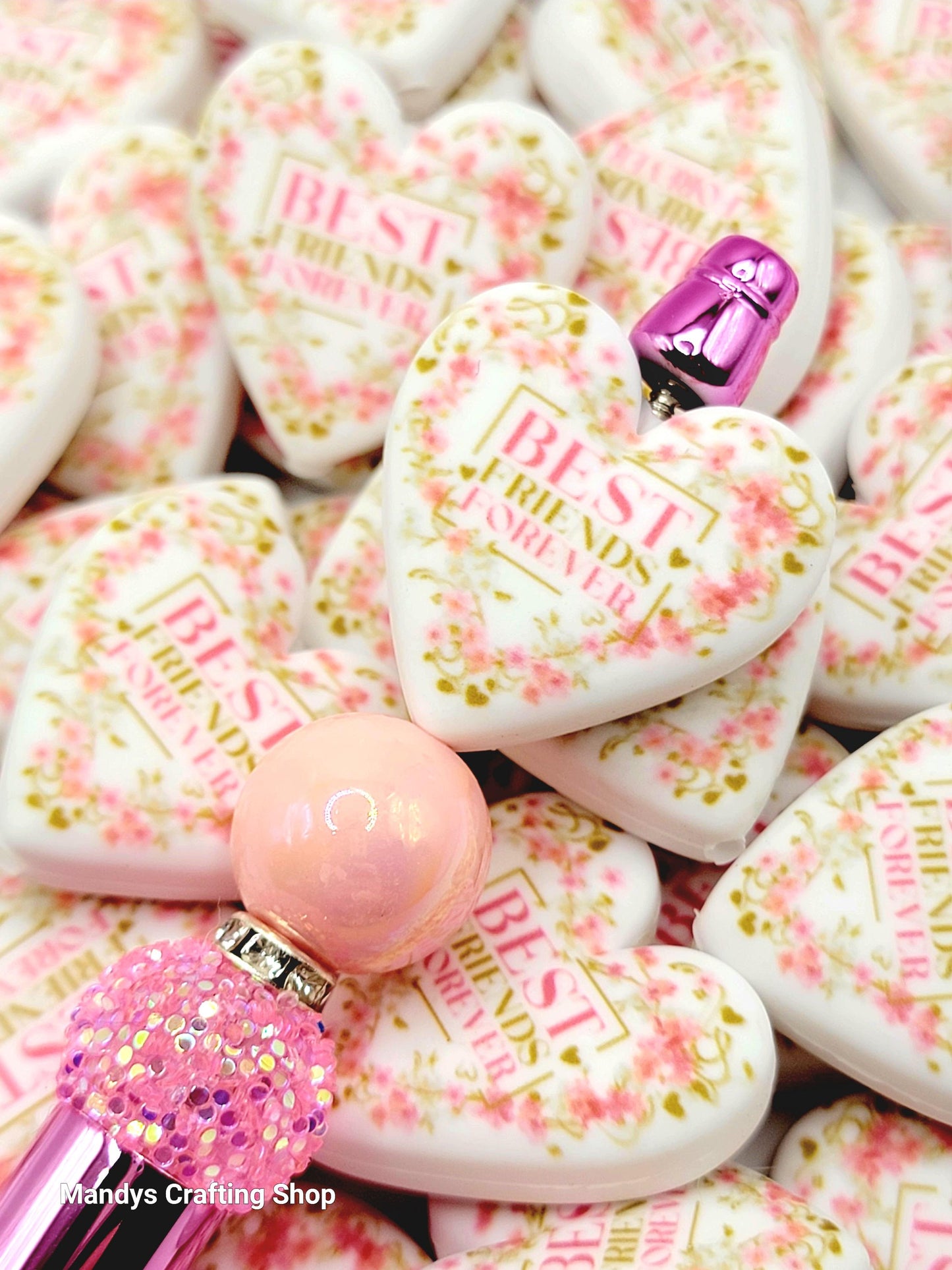 Best Friend Forever Pink Floral Heart Focal Bead – Printed Silicone Friend Pen Bead (Set of 2)