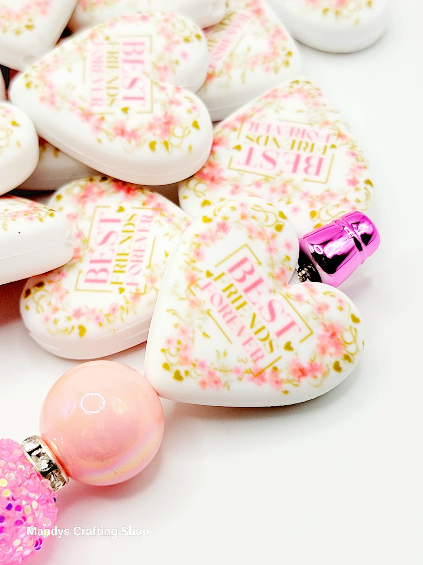 Best Friend Forever Pink Floral Heart Focal Bead – Printed Silicone Friend Pen Bead (Set of 2)