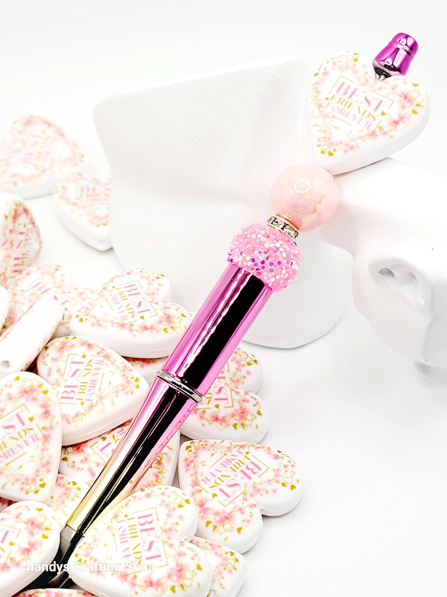 Best Friend Forever Pink Floral Heart Focal Bead – Printed Silicone Friend Pen Bead (Set of 2)