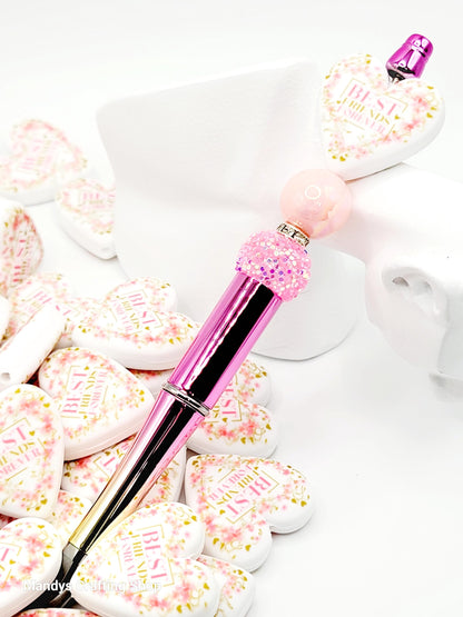 Best Friend Forever Pink Floral Heart Focal Bead – Printed Silicone Friend Pen Bead (Set of 2)