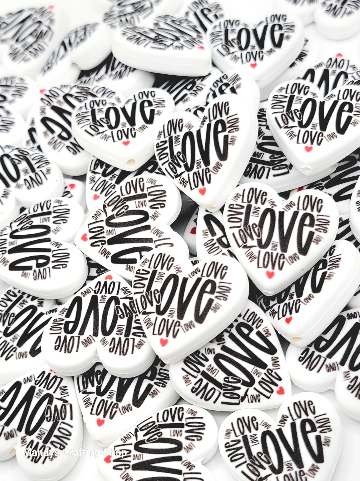 Love Typography Valentine Heart Focal Bead – Printed Silicone Pen & Keychain Bead (Set of 2)