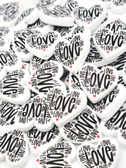 Love Typography Valentine Heart Focal Bead – Printed Silicone Pen & Keychain Bead (Set of 2)