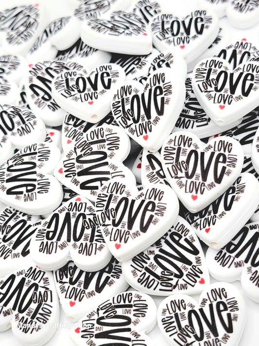 Love Typography Valentine Heart Focal Bead – Printed Silicone Pen & Keychain Bead (Set of 2)