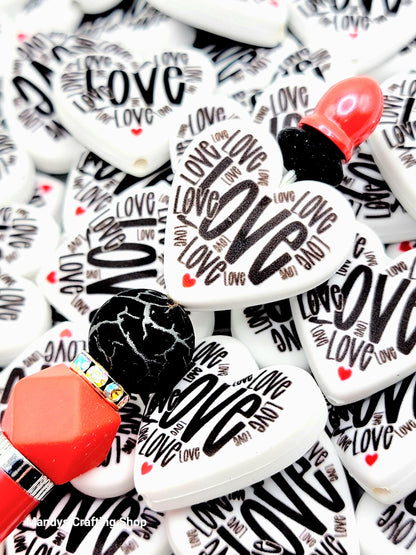 Love Typography Valentine Heart Focal Bead – Printed Silicone Pen & Keychain Bead (Set of 2)