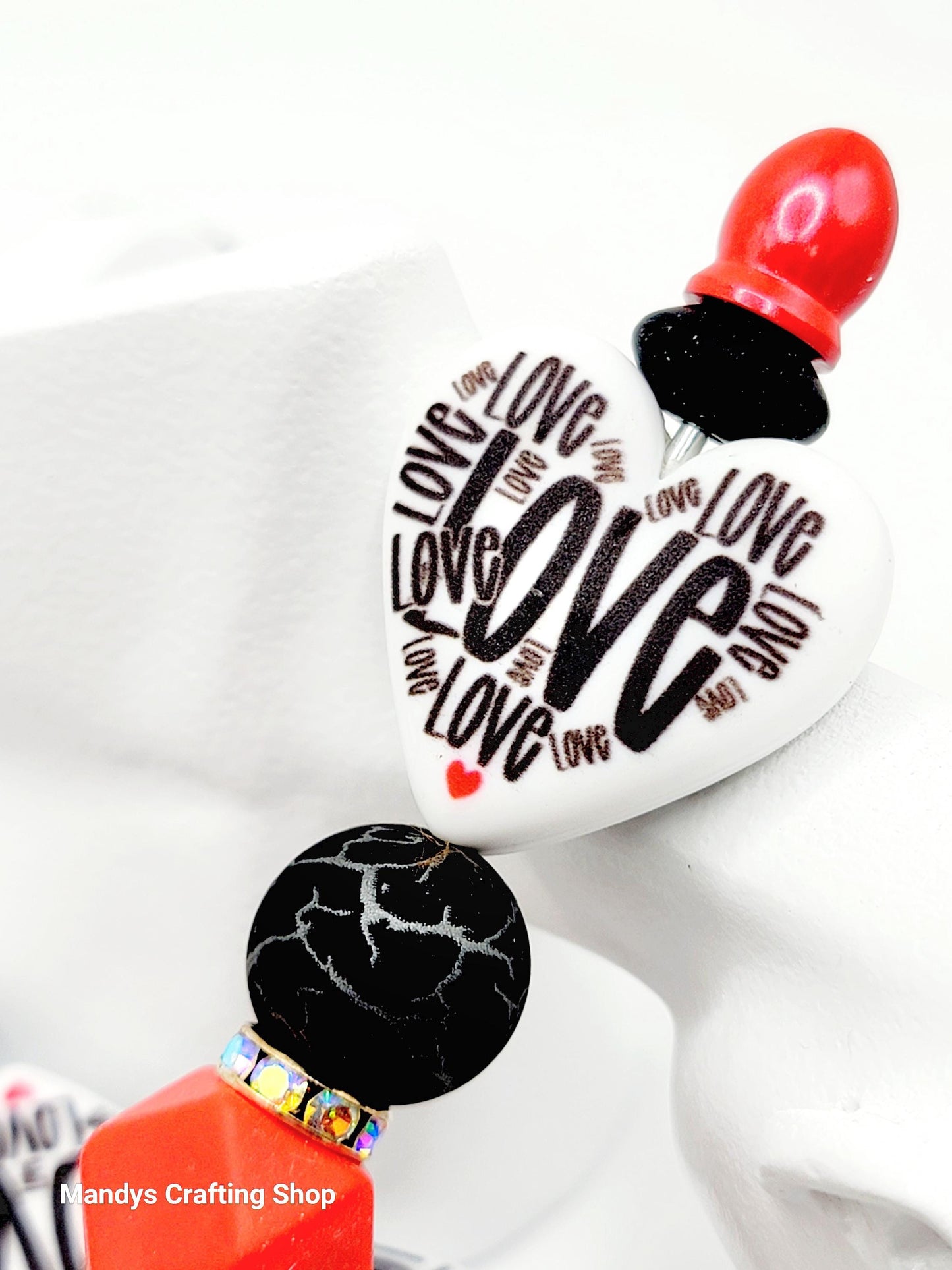 Love Typography Valentine Heart Focal Bead – Printed Silicone Pen & Keychain Bead (Set of 2)