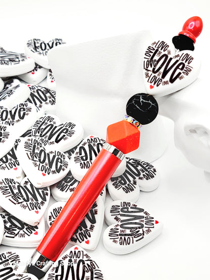 Love Typography Valentine Heart Focal Bead – Printed Silicone Pen & Keychain Bead (Set of 2)