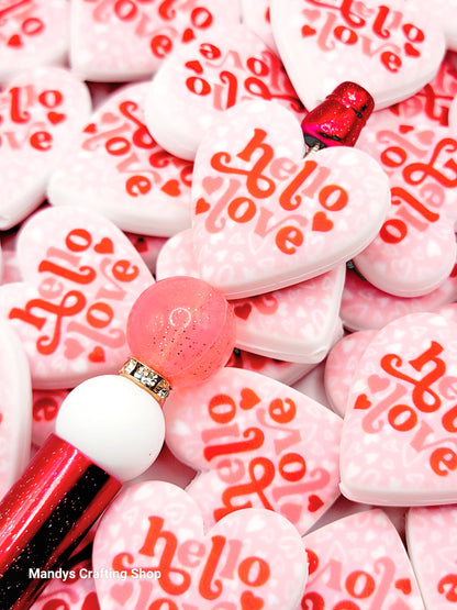 Hello Love Valentine Heart Focal Bead – Printed Silicone Pen & Keychain Bead (Set of 2)