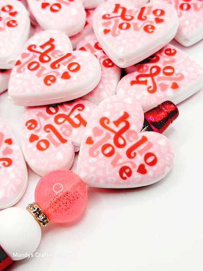 Hello Love Valentine Heart Focal Bead – Printed Silicone Pen & Keychain Bead (Set of 2)