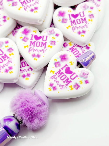 I Love You Mom Forever Heart Focal Bead – Mother’s Day Printed Silicone Pen & Wristlet Bead (Set of 2)