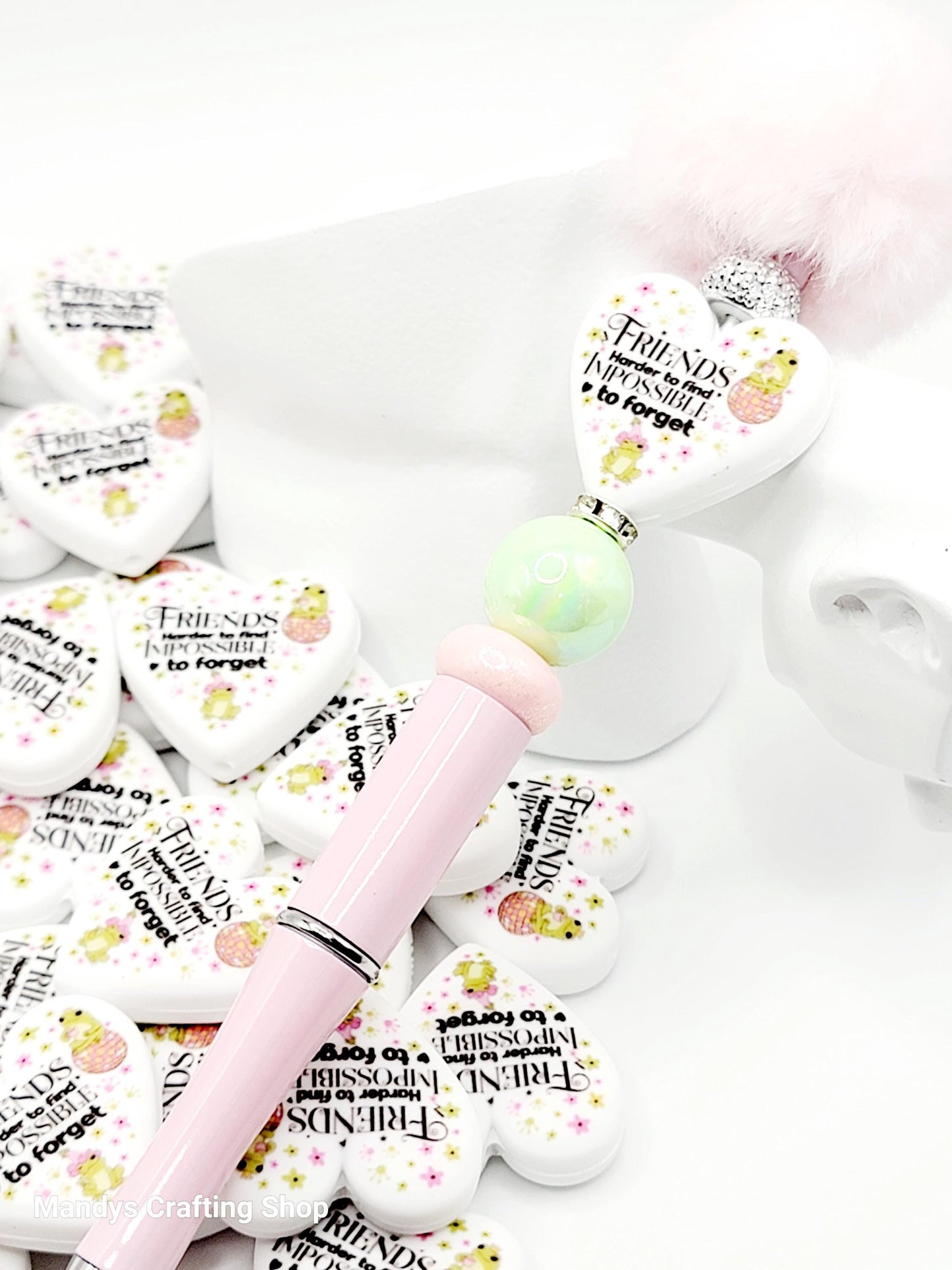 Frog Friends Heart Focal Bead – “Harder to Find, Impossible to Forget” Printed Silicone Pen Bead (Set of 2)