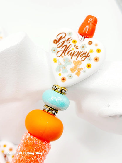 Be Happy Balloon Dog Heart Focal Bead – Inspirational Printed Silicone Pen Bead (Set of 2)