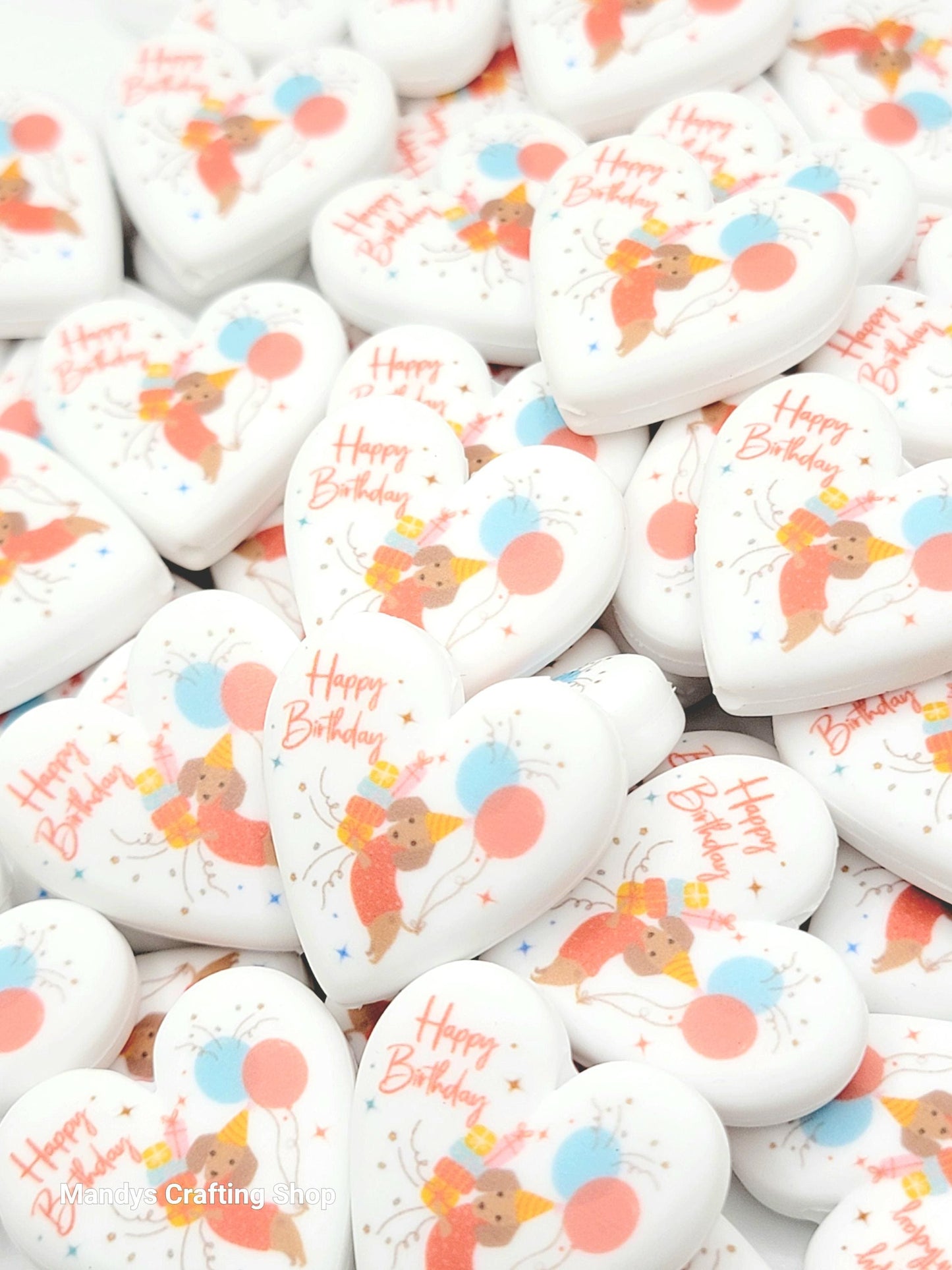 Happy Birthday Dog Heart Focal Bead – Printed Silicone Pen & Lanyard Bead (Set of 2)