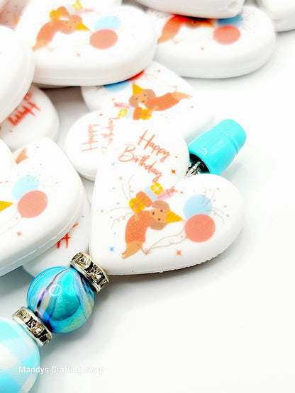 Happy Birthday Dog Heart Focal Bead – Printed Silicone Pen & Lanyard Bead (Set of 2)
