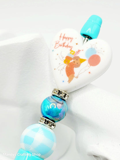 Happy Birthday Dog Heart Focal Bead – Printed Silicone Pen & Lanyard Bead (Set of 2)