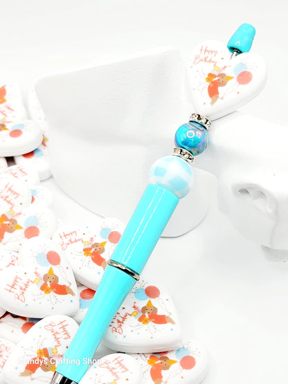 Happy Birthday Dog Heart Focal Bead – Printed Silicone Pen & Lanyard Bead (Set of 2)