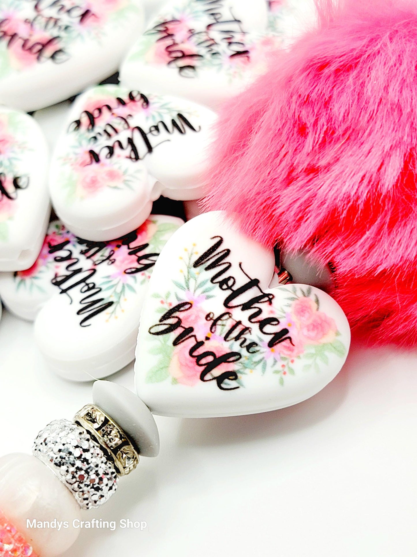 Mother of the Bride Heart Focal Pen Bead – Printed Silicone Bridal Party Gift Bead (Set 1 or 2)