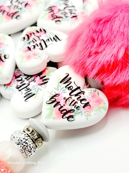 Mother of the Bride Heart Focal Pen Bead – Printed Silicone Bridal Party Gift Bead (Set 1 or 2)