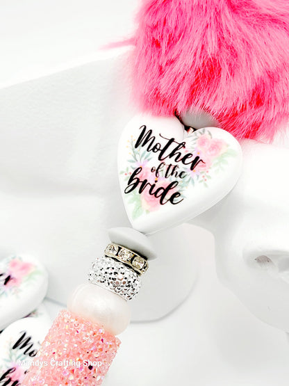 Mother of the Bride Heart Focal Pen Bead – Printed Silicone Bridal Party Gift Bead (Set 1 or 2)