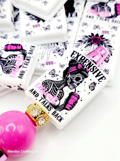 Expensive & Talks Back Skeleton Book Silicone Focal Bead – Funny Journal Pen Bead (Set of 1 or 2)