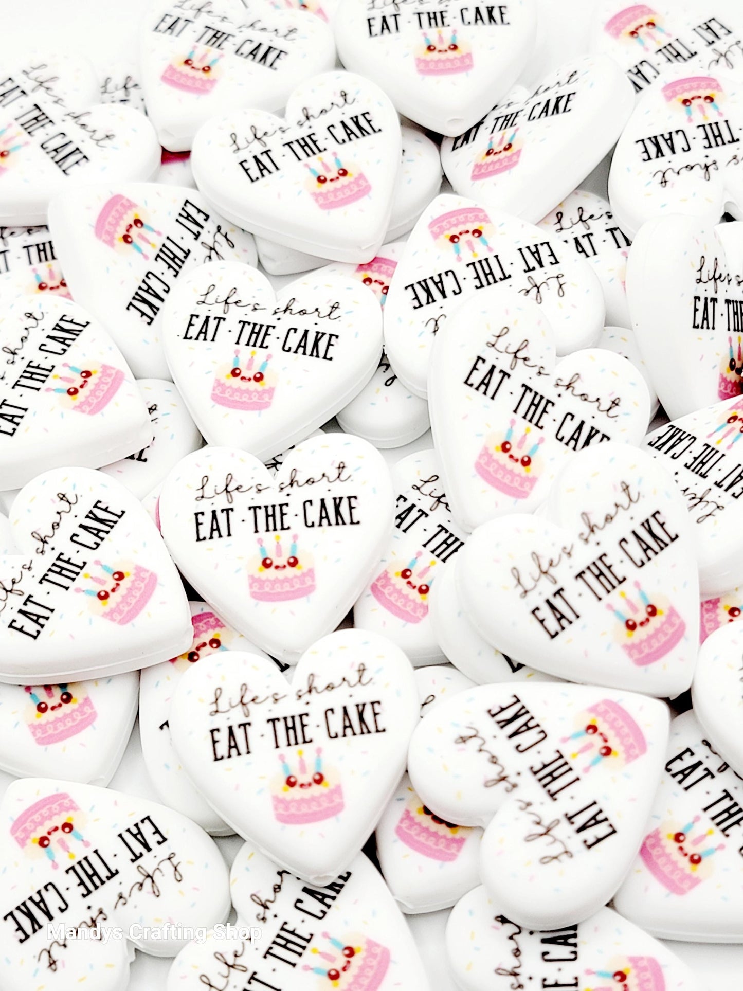 Life’s Short Eat the Cake Heart Focal Bead – Inspirational Birthday Printed Silicone Pen Bead (Set of 2)