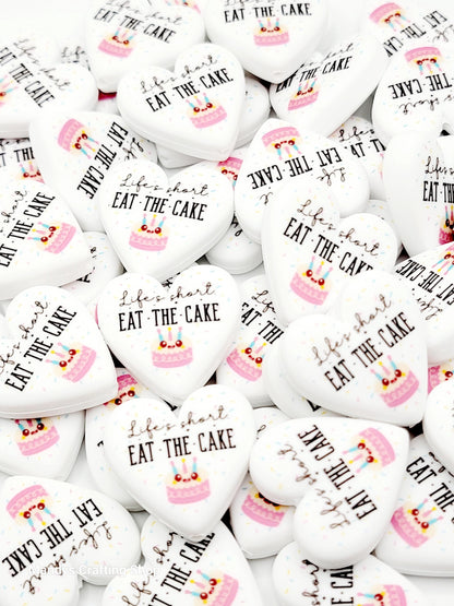 Life’s Short Eat the Cake Heart Focal Bead – Inspirational Birthday Printed Silicone Pen Bead (Set of 2)