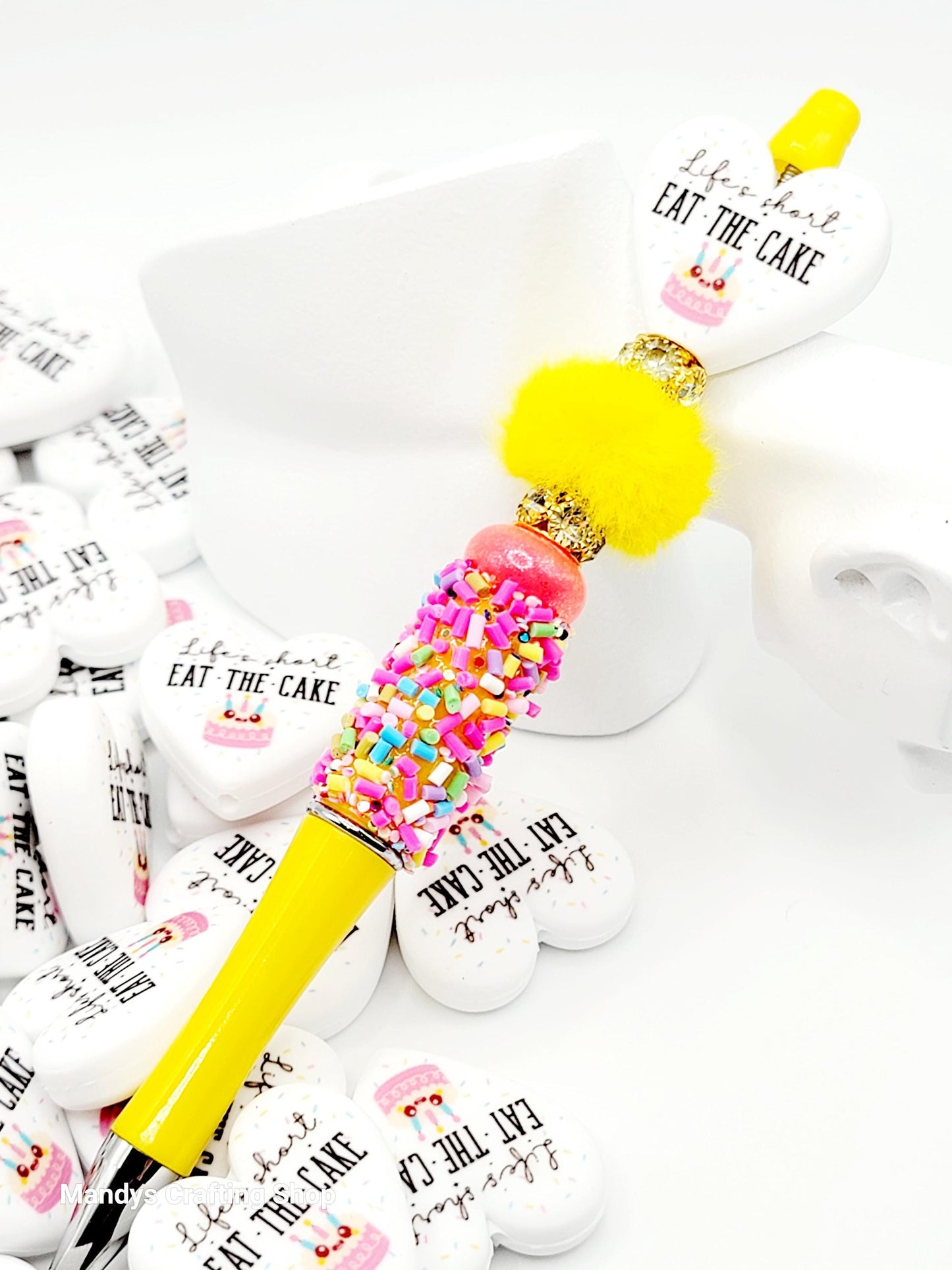 Life’s Short Eat the Cake Heart Focal Bead – Inspirational Birthday Printed Silicone Pen Bead (Set of 2)