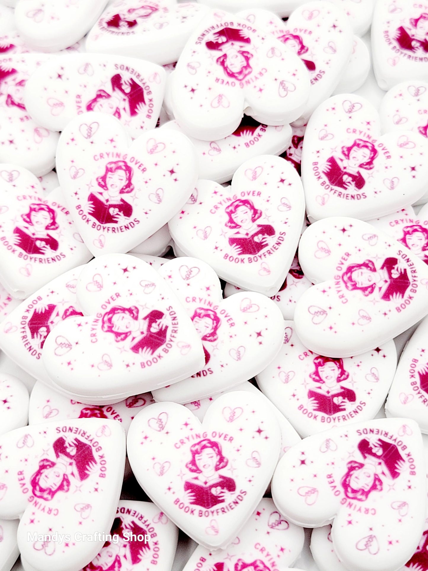Crying Over Book Boyfriends Heart Focal Bead – Funny Book Lover Printed Silicone Pen Bead (Set of 2)