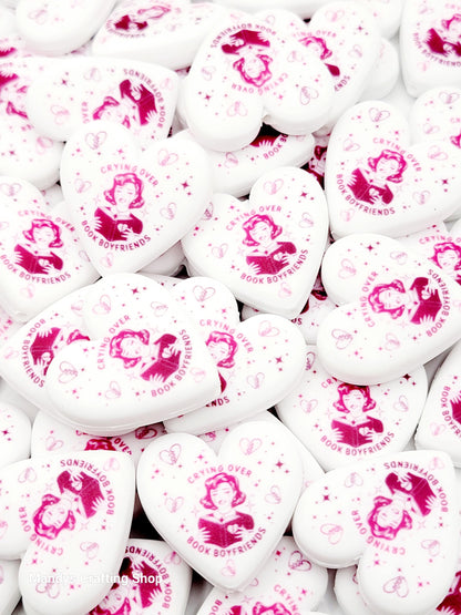 Crying Over Book Boyfriends Heart Focal Bead – Funny Book Lover Printed Silicone Pen Bead (Set of 2)
