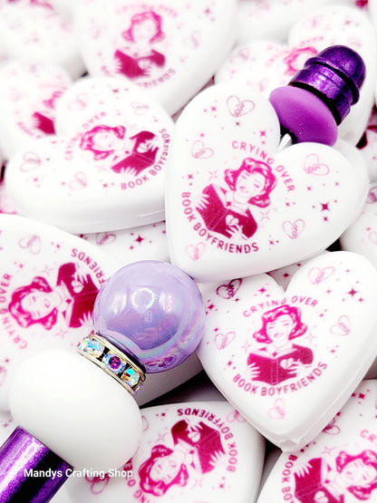 Crying Over Book Boyfriends Heart Focal Bead – Funny Book Lover Printed Silicone Pen Bead (Set of 2)