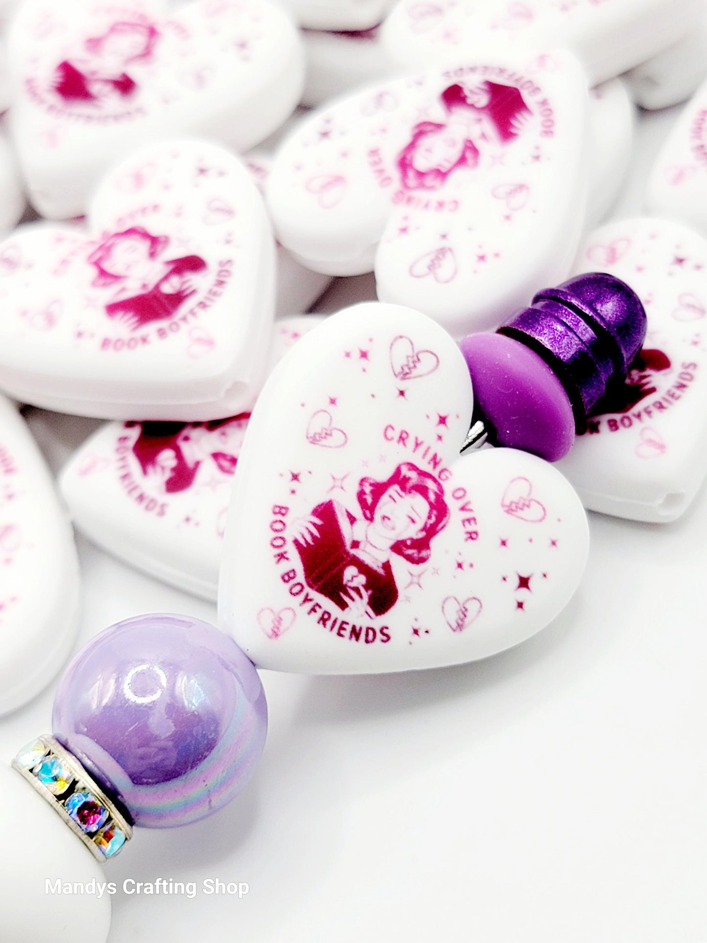 Crying Over Book Boyfriends Heart Focal Bead – Funny Book Lover Printed Silicone Pen Bead (Set of 2)