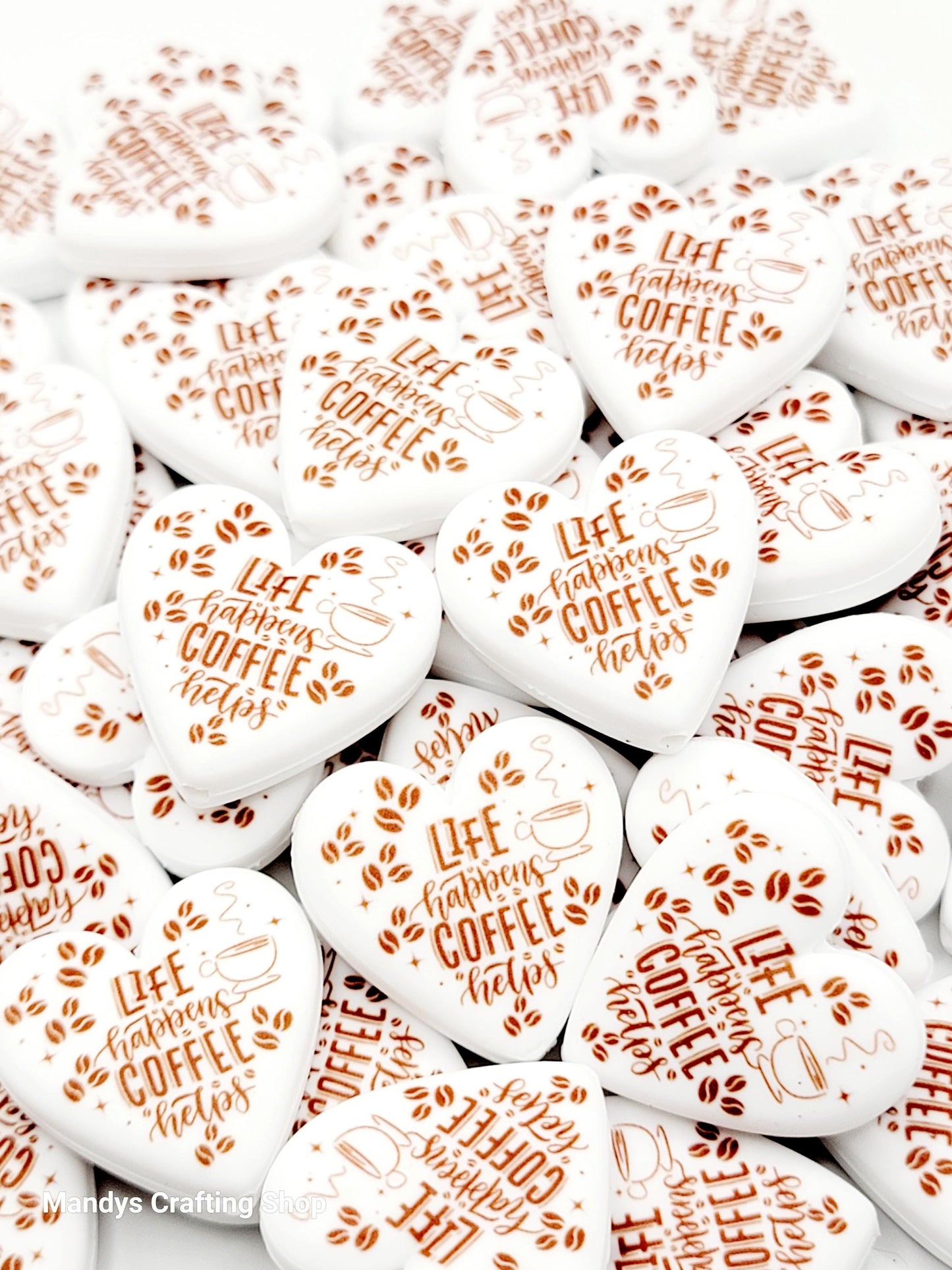 Coffee Lover Heart Focal Bead – “Life Happens, Coffee Helps” Printed Silicone Pen Bead (Set of 2)