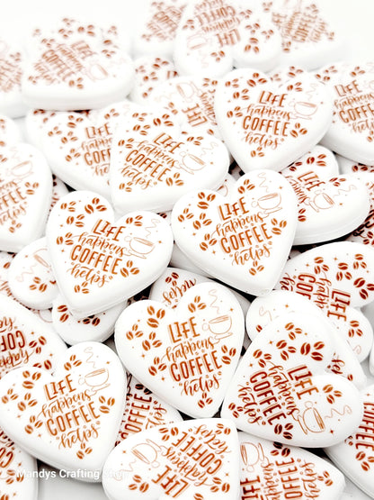 Coffee Lover Heart Focal Bead – “Life Happens, Coffee Helps” Printed Silicone Pen Bead (Set of 2)