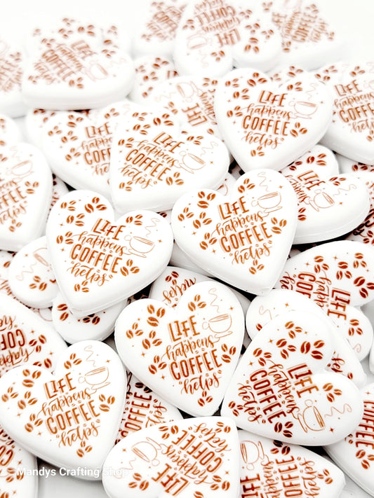 Coffee Lover Heart Focal Bead – “Life Happens, Coffee Helps” Printed Silicone Pen Bead (Set of 2)