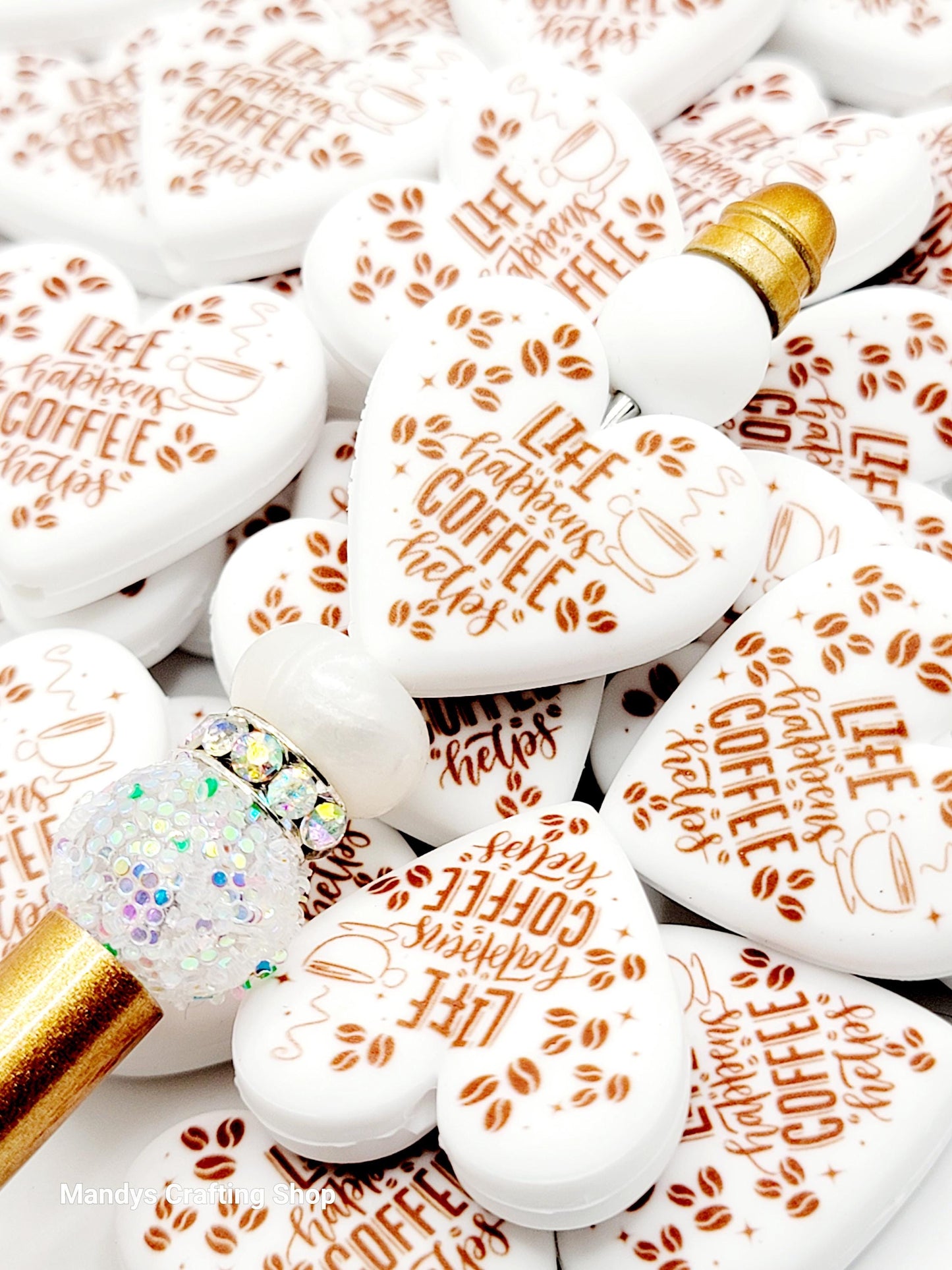 Coffee Lover Heart Focal Bead – “Life Happens, Coffee Helps” Printed Silicone Pen Bead (Set of 2)