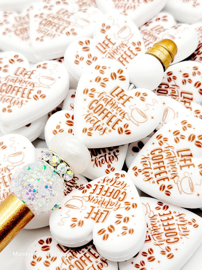 Coffee Lover Heart Focal Bead – “Life Happens, Coffee Helps” Printed Silicone Pen Bead (Set of 2)