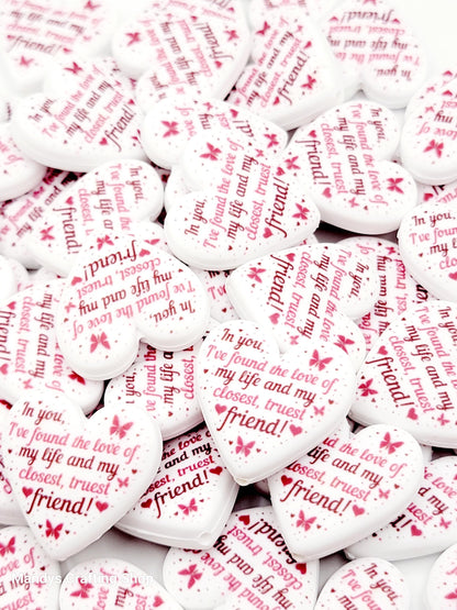 Best Friend Heart Focal Bead – Printed Silicone Pen & Coworker Bead (Set of 2)