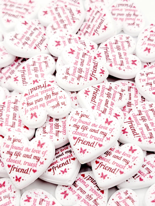 Best Friend Heart Focal Bead – Printed Silicone Pen & Coworker Bead (Set of 2)